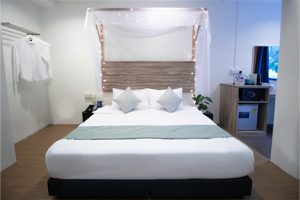 deluxe king bed with a sheer canopy and twinkle lights